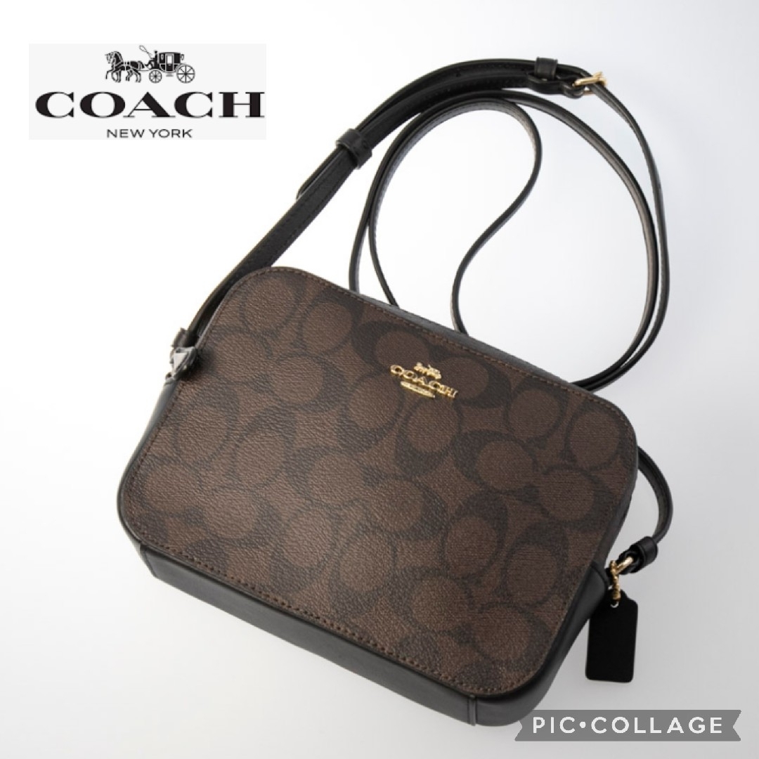 ■新品未使用【COACH】シグネチャーミニカメラバッグ、ブラウン×ブラックポーチ