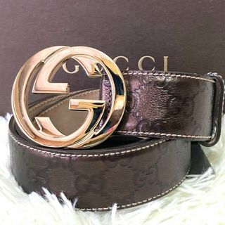 グッチ(Gucci)の美品　GUCCI ベルト　レザー　インターロッキング金具　GG柄　シマ　ブラウン(ベルト)