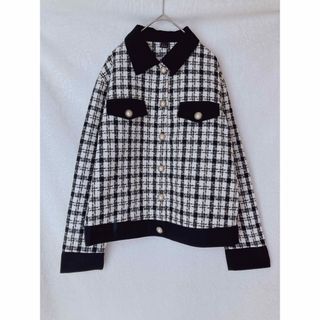 シーイン(SHEIN)のSHEIN 白黒 長袖 ツイード シャツ ジャケット 上着 S パールボタン(その他)