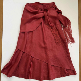 スカート　裾フレア　二重　サッシュベルト付き　赤色系　えんじ色　ハンドメイド(ロングスカート)