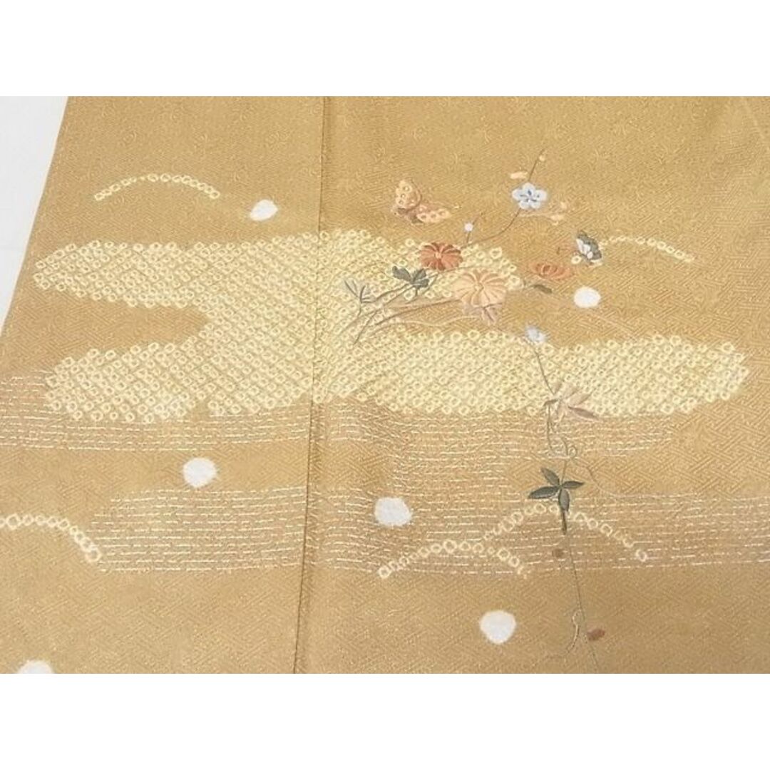 平和屋野田店■訪問着　絞り　刺繍　舞蝶草花文　銀彩　着丈156.5cm　裄丈64cm　正絹　逸品　A-dp2860 レディースの水着/浴衣(着物)の商品写真