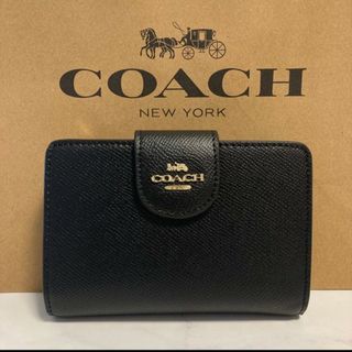 コーチ(COACH)の新品　COACH　二つ折り財布　小銭入れ有　ブラック　ワンポイント　レザー(財布)