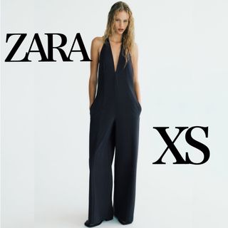 ザラ(ZARA)のザラZARAホルターネックストライプジャンプスーツXSワイドパンツオールインワン(オールインワン)