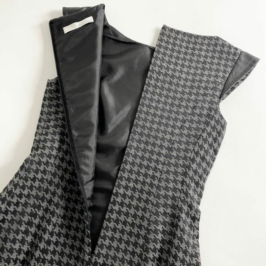 3b3 ADEAM アディアム フレンチレザースリーブ 千鳥柄ワンピース 2 ブラック グレー 日本製 ドレス Aライン レディースのワンピース(ひざ丈ワンピース)の商品写真