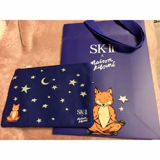 エスケーツー(SK-II)のSKII  メゾンキツネコラボキット限定ポーチ　ショッパー綺麗な紺色可愛いキツネ(ポーチ)