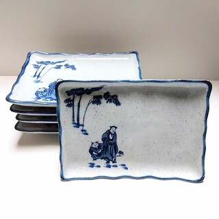 ナベシマ(鍋島)の美品  古伊万里 鍋島有山 染付 人物紋角皿 5枚セット レトロ 陶器 食器(食器)