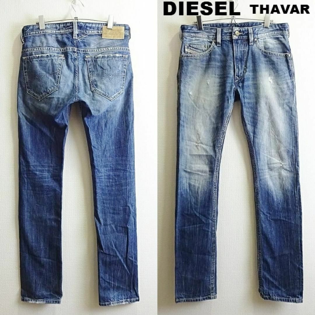 DIESEL(ディーゼル)のディーゼル　THAVAR　W84cm　スリムスキニーデニム　ダメージ加工　藍青 メンズのパンツ(デニム/ジーンズ)の商品写真