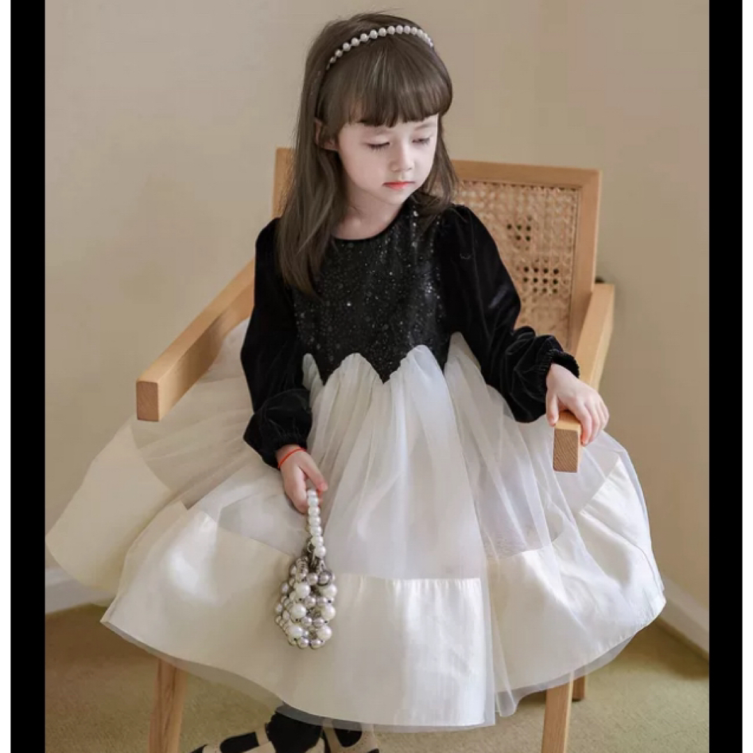 ♡ チュール ドレス ワンピース 黒 白 ♡ 120  かわいい フォーマル a キッズ/ベビー/マタニティのキッズ服女の子用(90cm~)(ワンピース)の商品写真