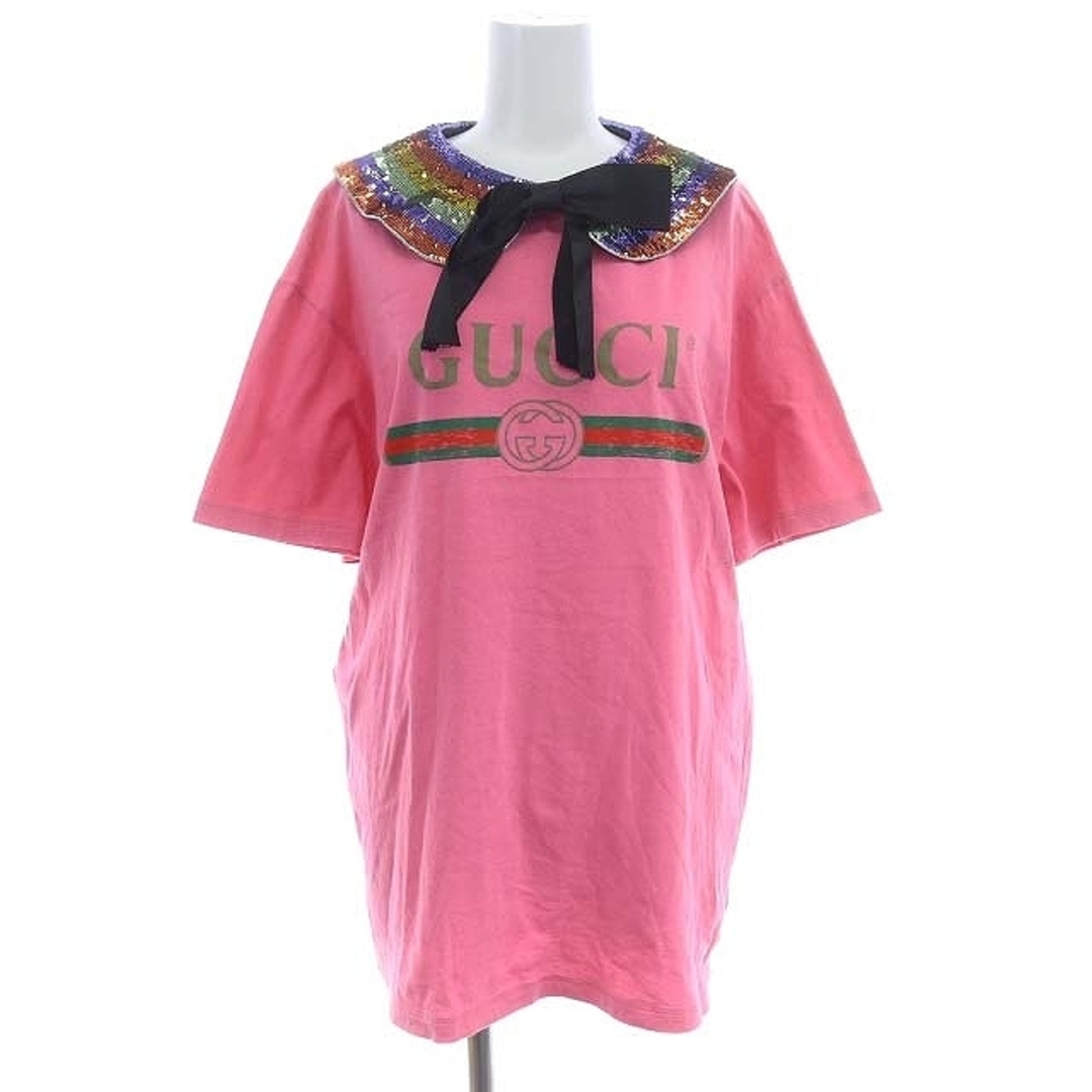 Gucci(グッチ)のグッチ オールドロゴ スパンコール襟付き Tシャツ 半袖 リボン L ピンク レディースのトップス(Tシャツ(半袖/袖なし))の商品写真