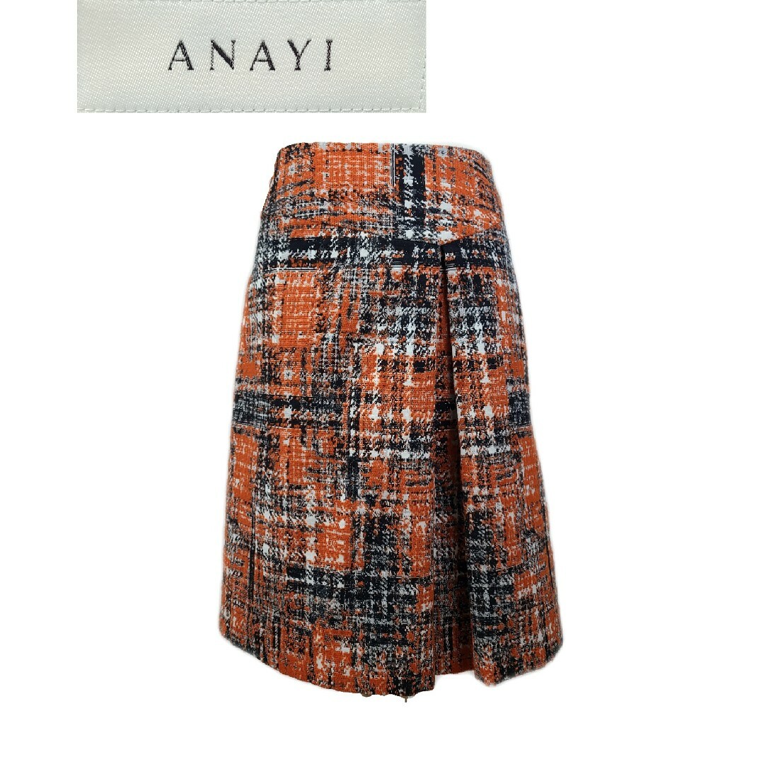 ANAYI(アナイ)の美品 ANAYI 　オレンジ×ブラック　チェックスカート レディースのスカート(ひざ丈スカート)の商品写真