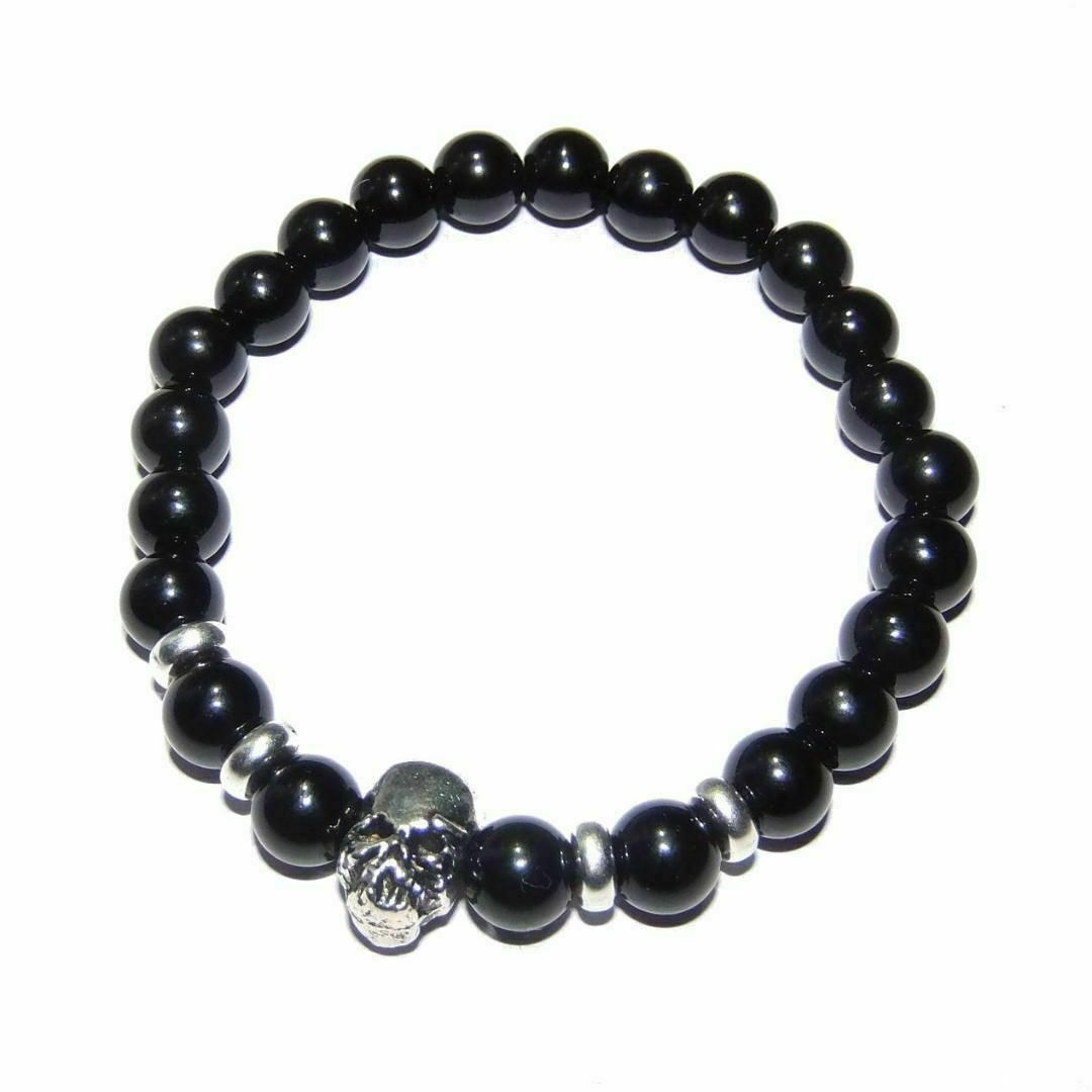 送料無料　スカル　黒色　ブラック　天然石　ブレスレット　数珠 メンズのアクセサリー(ブレスレット)の商品写真