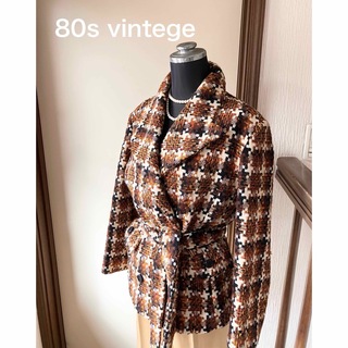 80s vintege  1点もの レトロなツイード 変形衿のウールジャケット(テーラードジャケット)