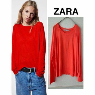 ザラ(ZARA)の1回のみ着用 ZARA オレンジ ゆったりサラサラ ベーシック薄手ニット 美品(カットソー(長袖/七分))