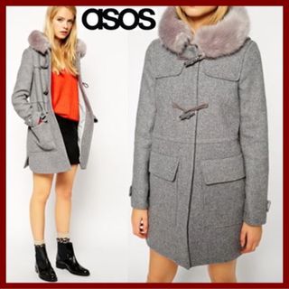 エイソス(asos)のasos ラグジュアリー ファー付き ダッフルコート グレー オシャレ 海外(ダッフルコート)