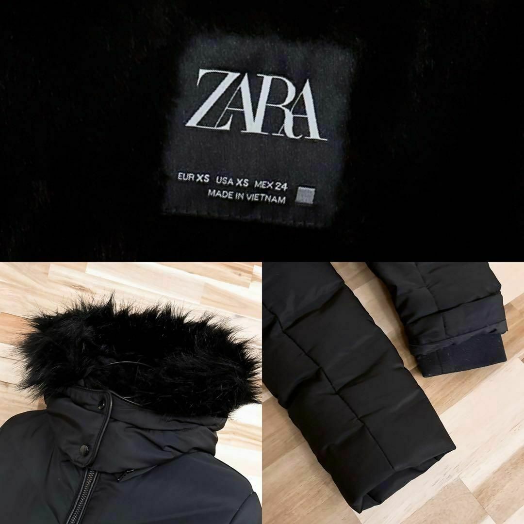 ZARA(ザラ)の【ザラ】ファー フード キルティング フェザー ダウン ジャケット XS 黒 レディースのジャケット/アウター(ダウンジャケット)の商品写真