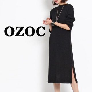 OZOC - オゾックOZOCリブニットサイドスリットワンピースブラック送料無料