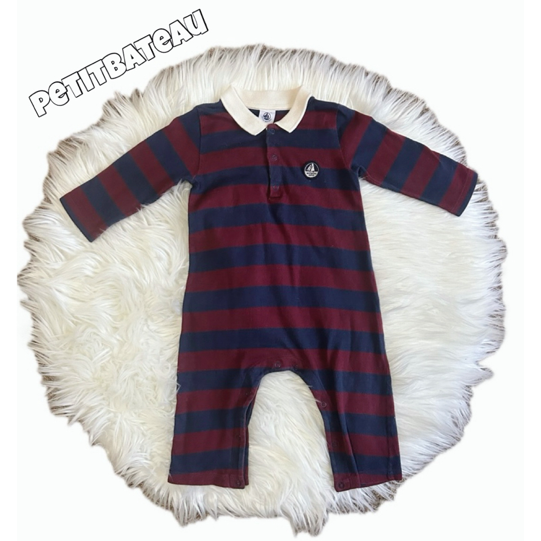 PETIT BATEAU(プチバトー)の【プチバトー】襟付きボーダーロンパース 12m キッズ/ベビー/マタニティのベビー服(~85cm)(ロンパース)の商品写真