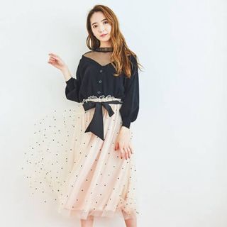 ティティアンドコー(titty&co)の【TITTY&CO.】リボンチュールスカート ベージュ F(ロングスカート)