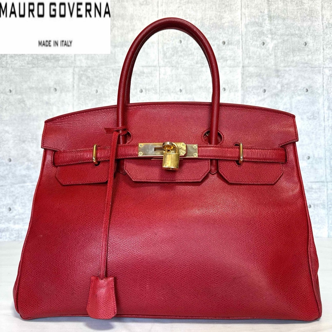 ロイヤルブランド0122【MAURO GOVERNA】レッド レザー ゴールド金具 A4 ハンドバッグ