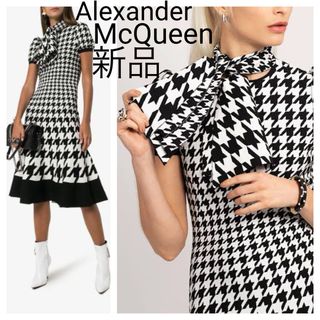 アレキサンダーマックイーン(Alexander McQueen)の新品 アレキサンダーマックィーン 千鳥柄×ボウリボン マーメイドワンピースドレス(ロングワンピース/マキシワンピース)