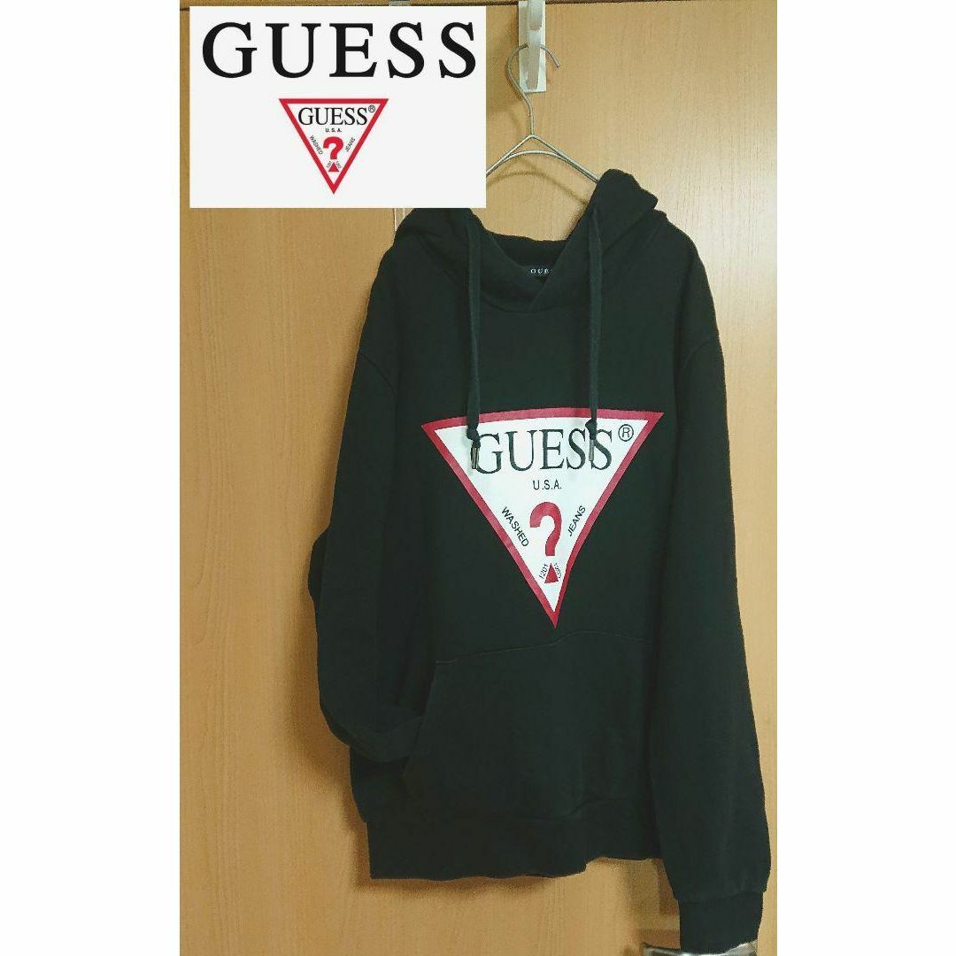 GUESS(ゲス)のGUSS ゲス プルオーバーパーカー プリントロゴ  メンズM ブラック 服 メンズのトップス(パーカー)の商品写真