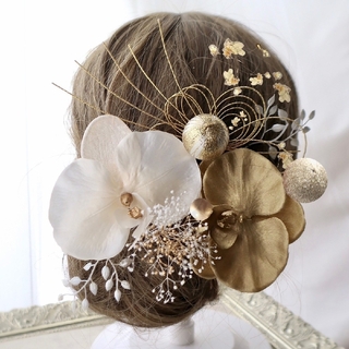 胡蝶蘭和装髪飾り 金とシャンパンカラーの胡蝶蘭 結婚式 卒業式 成人式 七五三(ヘアピン)