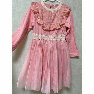 F9076 キッズ　刺繍　ドレス　子供　ピンク　レースワンピース　丸いネック(ワンピース)