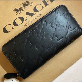 コーチ(COACH)の新品　COACH 長財布　ブラック　千鳥格子　ラウンドファスナー　小銭入れ有(財布)