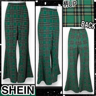 シーイン(SHEIN)の【新品/SHEIN】チェック柄ストレッチフレアパンツ/グリーン(カジュアルパンツ)