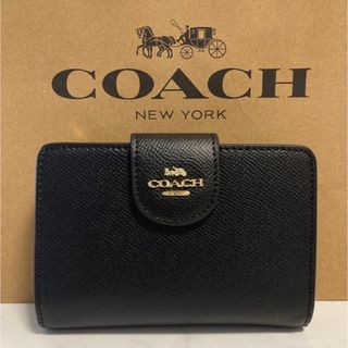 コーチ(COACH)の新品　COACH ブラック　ワンポイント　二つ折り財布　小銭入れ有(財布)