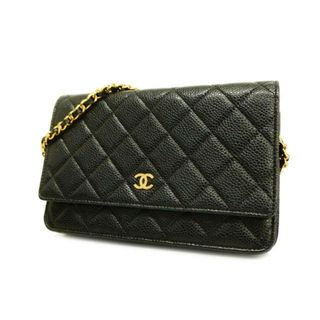 シャネル(CHANEL)の★SALE 【4fa059】シャネル ショルダーウォレット/マトラッセ/チェーンショルダー/キャビアスキン/ブラック/ゴールド金具 【中古】 レディース(財布)