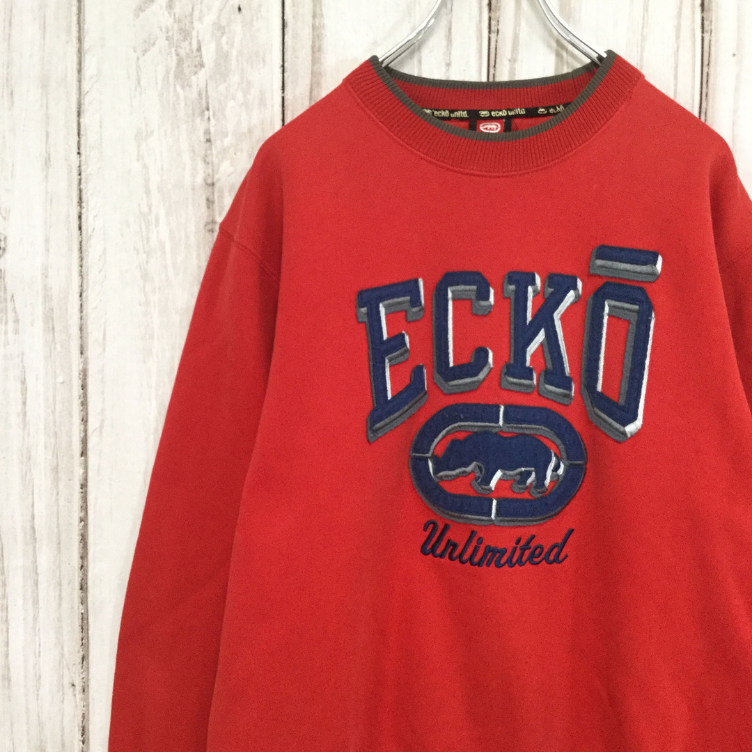 ECKŌ UNLTD（ECKO UNLTD）(エコーアンリミテッド)の【エコーアンリミテッド ロゴスウェット】ビッグロゴ ボロ L 赤 古着 メンズのトップス(スウェット)の商品写真