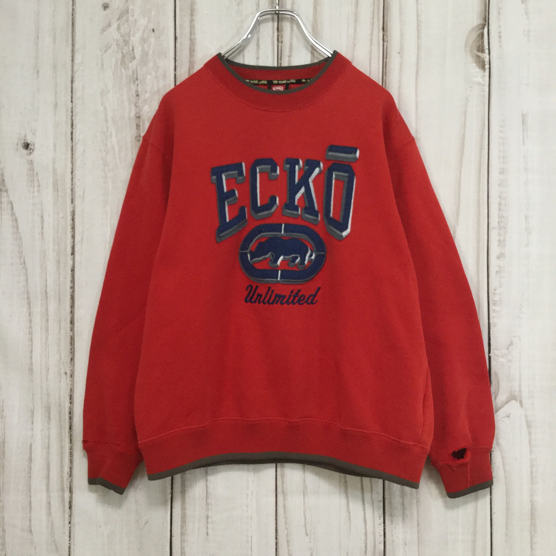 ECKŌ UNLTD（ECKO UNLTD）(エコーアンリミテッド)の【エコーアンリミテッド ロゴスウェット】ビッグロゴ ボロ L 赤 古着 メンズのトップス(スウェット)の商品写真