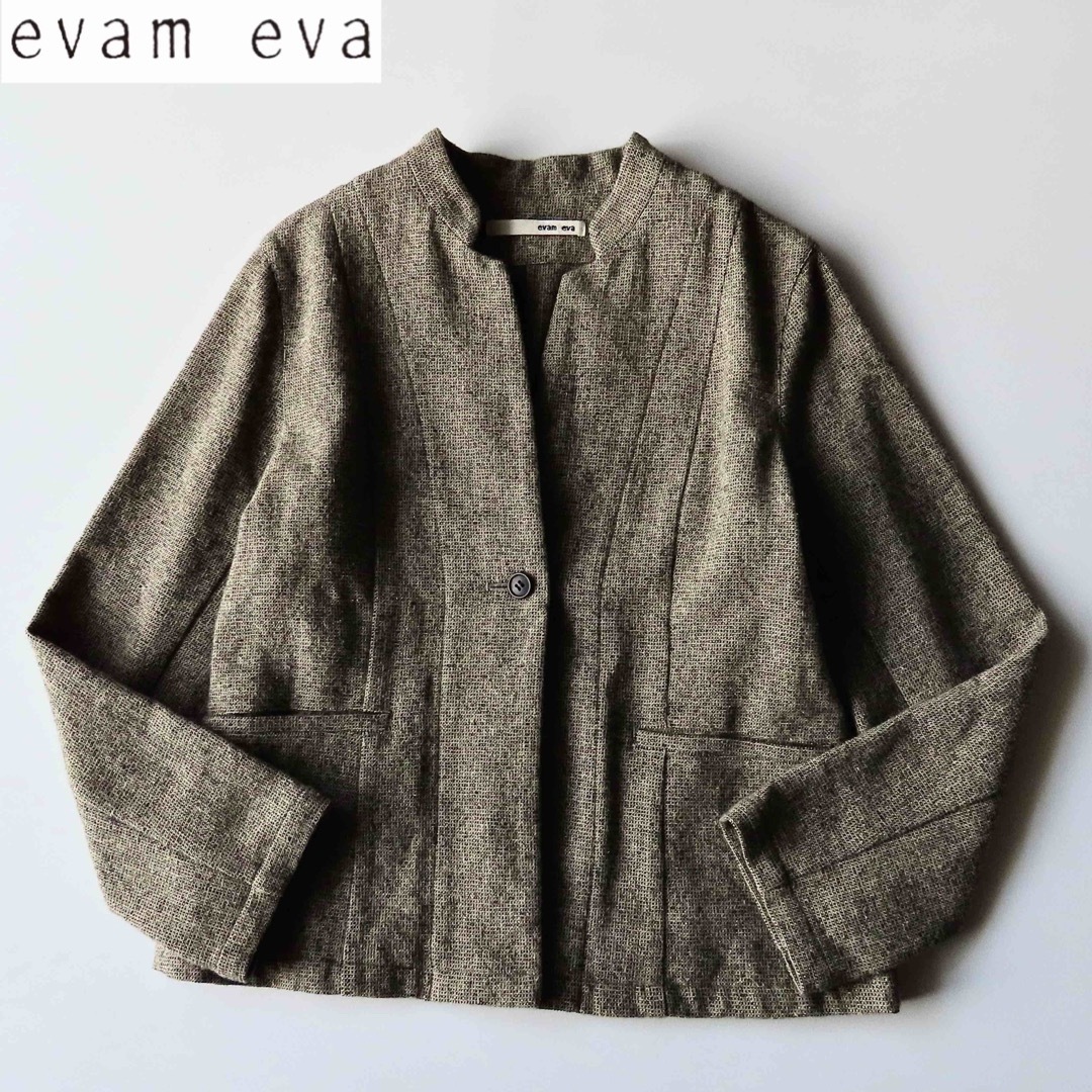 evam eva(エヴァムエヴァ)の美品 evam eva ボトル襟アンゴラ混ウールジャケット 1 ノーカラー レディースのジャケット/アウター(ノーカラージャケット)の商品写真