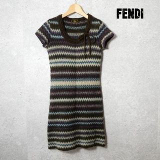 フェンディ(FENDI)の美品 FENDI ボーダー柄 アルパカ混 タイト 膝丈 ニットワンピース(ひざ丈ワンピース)