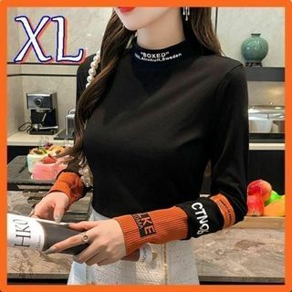 タートルネックXL♡クルーネック ♡オレンジ×黒 ニットセーター レディース(ニット/セーター)