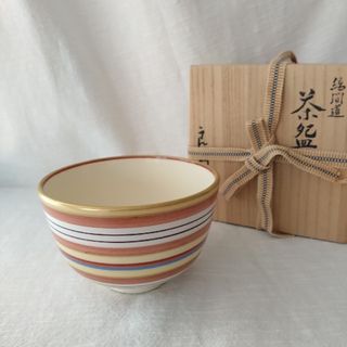 蔭山良斎？　抹茶茶碗　縞間道　茶碗　美品　金彩(陶芸)