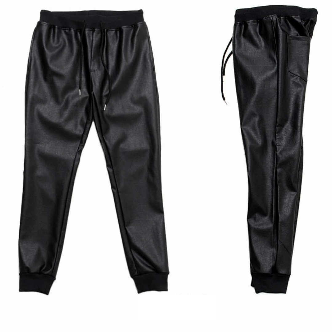 PUレザージョガーパンツ Lサイズ ブラック タイト ストレッチ メンズのパンツ(その他)の商品写真