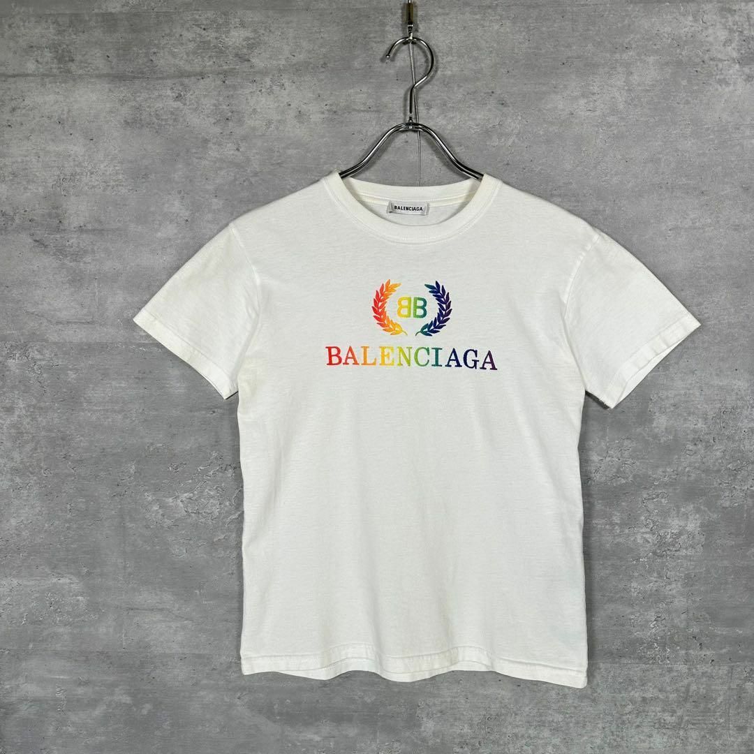肩幅41cm『BALENCIAGA』 バレンシアガ (S) レインボーロゴ Tシャツ