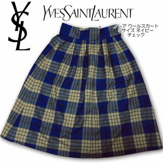 イヴサンローラン(Yves Saint Laurent)のイヴサンローラン フレア ウールスカート Sサイズ ネイビーチェック(ひざ丈スカート)