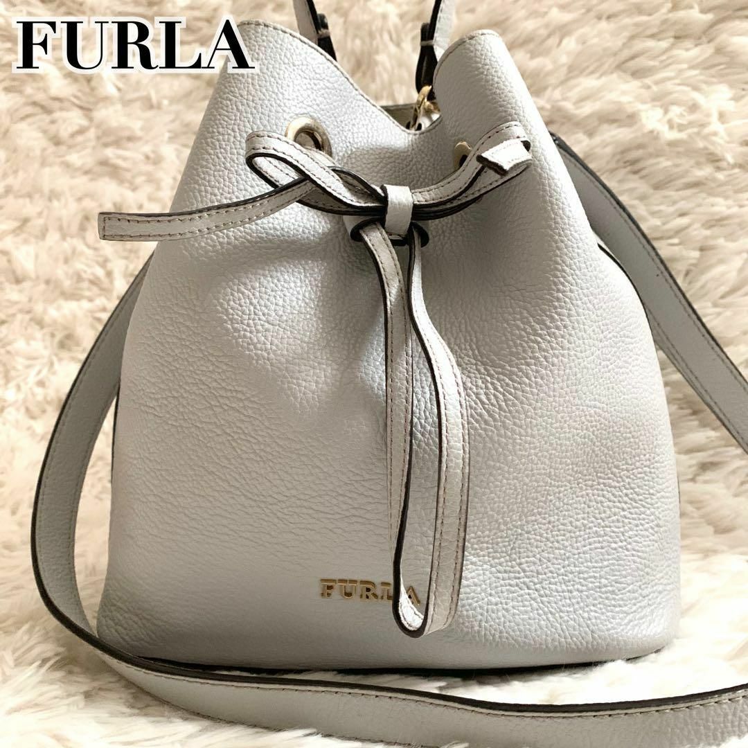 美品　FURLA フルラ コスタンザ  巾着 2way レザー リボン　グレー