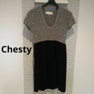 チェスティ(Chesty)のチェスティ　ワンピース　ニット　パール　フリーサイズ　グレー　ブラック(ひざ丈ワンピース)