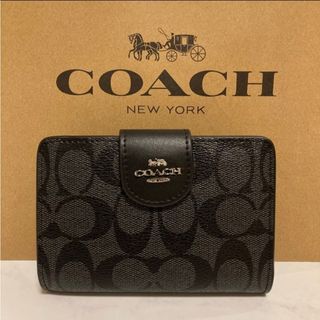 コーチ(COACH)の新品　COACH　二つ折り財布　小銭入れ有　ブラック　シグネチャー　レザー(財布)