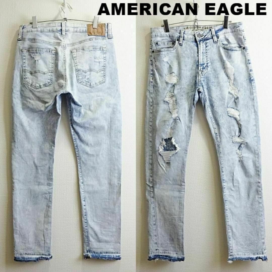American Eagle(アメリカンイーグル)のアメリカンイーグル　スリムデニム　W81cm　強ストレッチ　クラッシュ加工　薄青 メンズのパンツ(デニム/ジーンズ)の商品写真