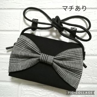 マチ付き グレンチェック大きなリボン☆ ショルダーストラップ付 ☆ ハンドメイド(外出用品)