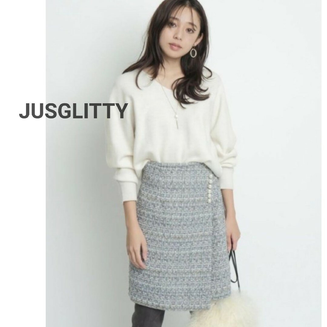 JUSGLITTY(ジャスグリッティー)のジャスグリッティー　パール付きツイードミニスカート　ラメ　上品　フェミニン　S レディースのスカート(ミニスカート)の商品写真