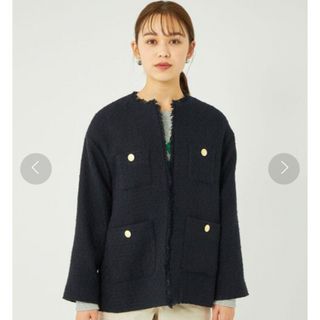 ユナイテッドアローズグリーンレーベルリラクシング(UNITED ARROWS green label relaxing)のほぼ未使用　ネイビー　Sサイズ　ツイード ノーカラー ジャケット ミディアム(ノーカラージャケット)