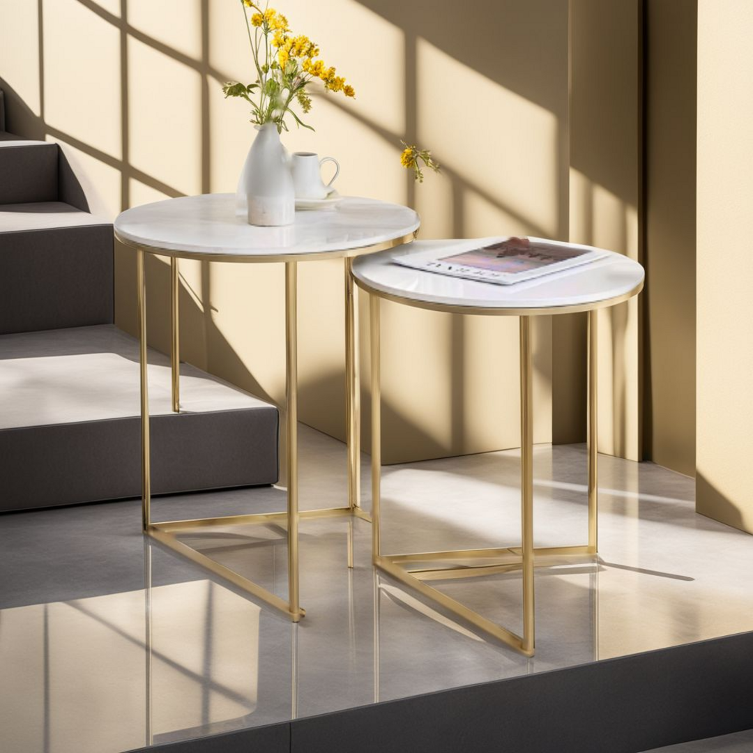 コーヒーテーブル/サイドテーブルエレガント ネストテーブルセット - 焼結石×ゴールド脚　2脚