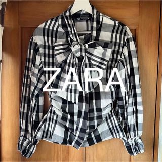 ザラ(ZARA)のZARA ギンガムチェックリボンブラウス(シャツ/ブラウス(長袖/七分))