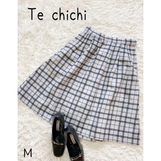 テチチ(Techichi)のテチチ　かわいい　ギャザースカート　チェック柄　ライトグレー＆ブルー系M(ひざ丈スカート)